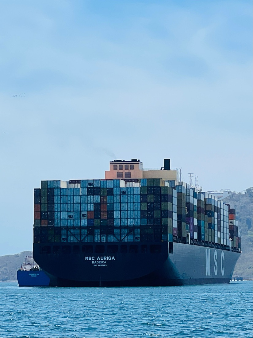 A fully loaded container ship at sea